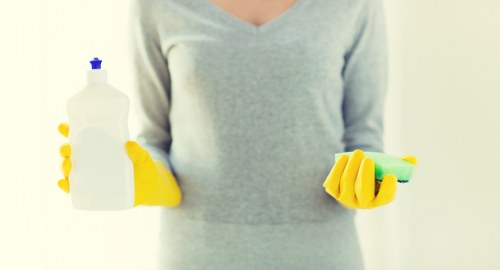 Eco-friendly house cleaning products arranged neatly