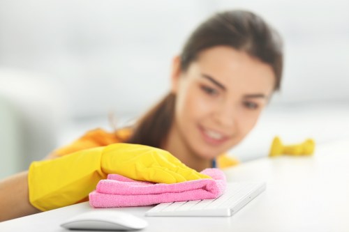 A person following a regular cleaning routine in a modern room