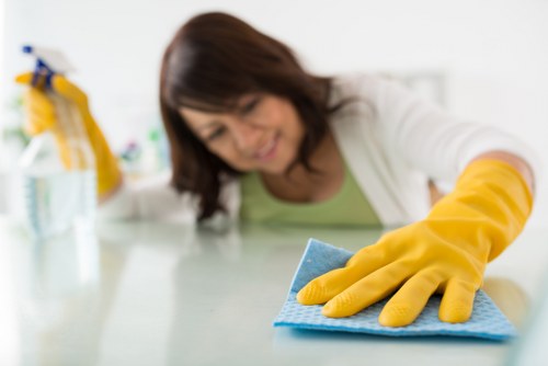 Professional cleaning of a bright bathroom interior