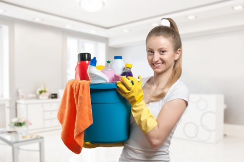 Kitchen house cleaning with organized supplies and surfaces